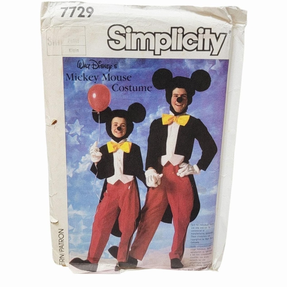 Vintage Simplicity 7729 Walt Disney Mickey Mouse Costume Sewing Pattern Adult